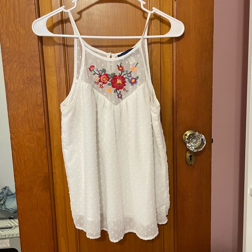 White Tank Top with Embroidered Flowers